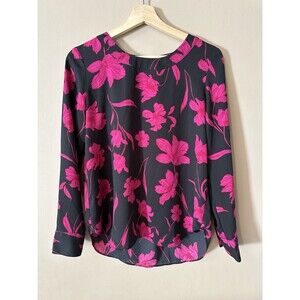 Banana Republic Black Pleat Back Blouse Pink Floral Office Size XS Career‎ EUC